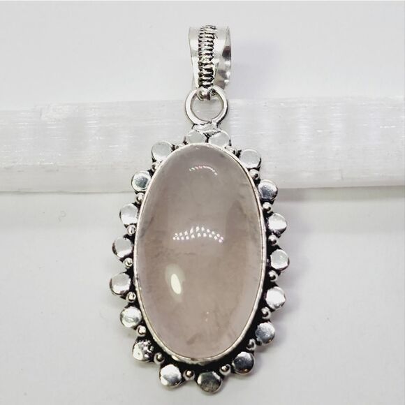 Rose Quartz 925 Silver Plated Handmade Gemstone Pendant of 2.1" Ethnic Gift - Picture 3 of 4